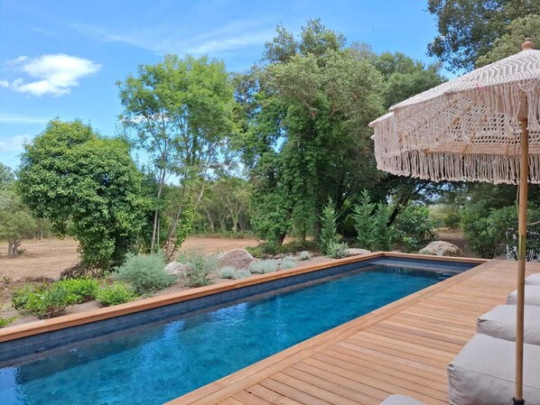 A rectangular swimming pool with a wooden deck and a canopy.