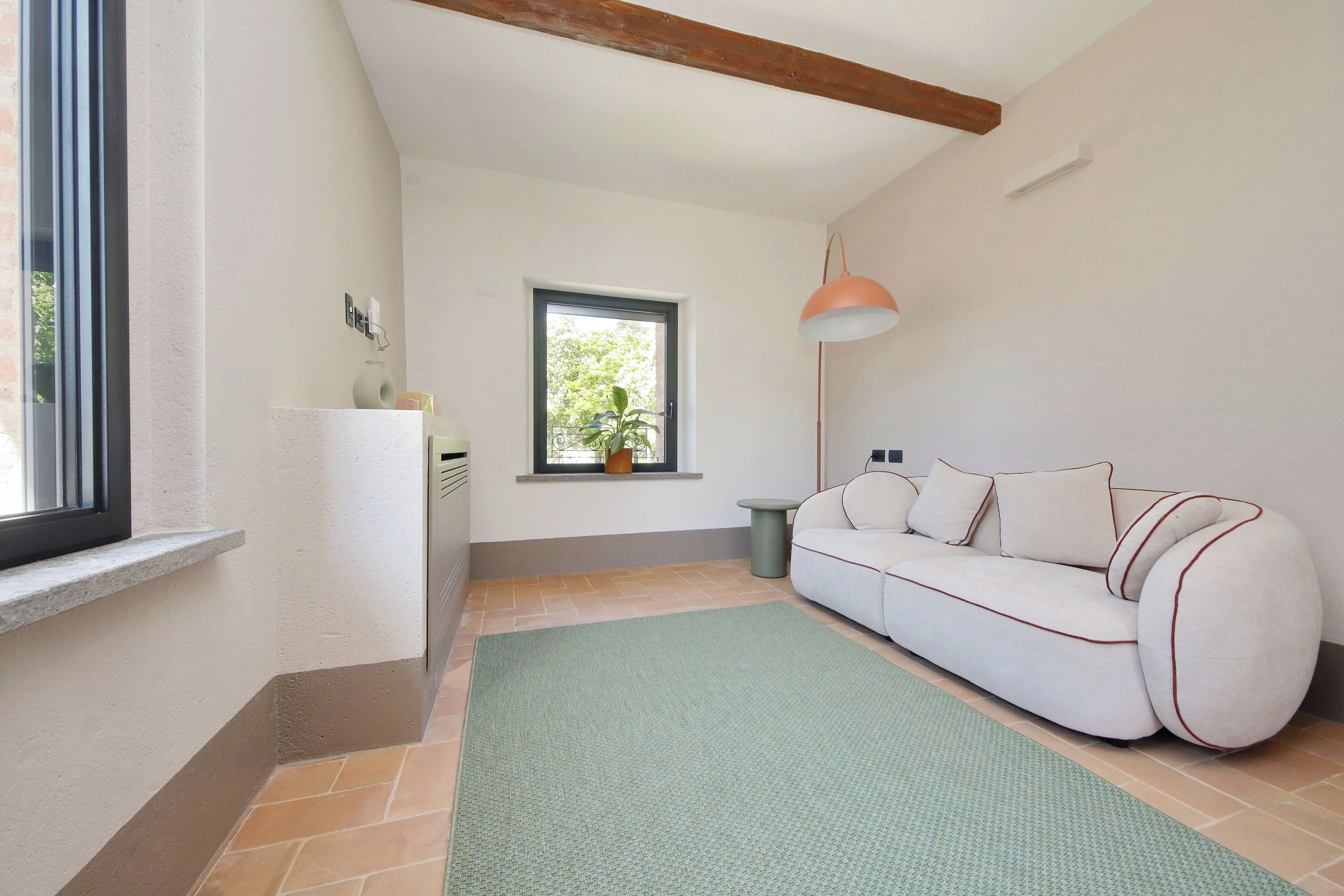A room with a white sofa, a green rug, a window with a plant, and a pendant light.
