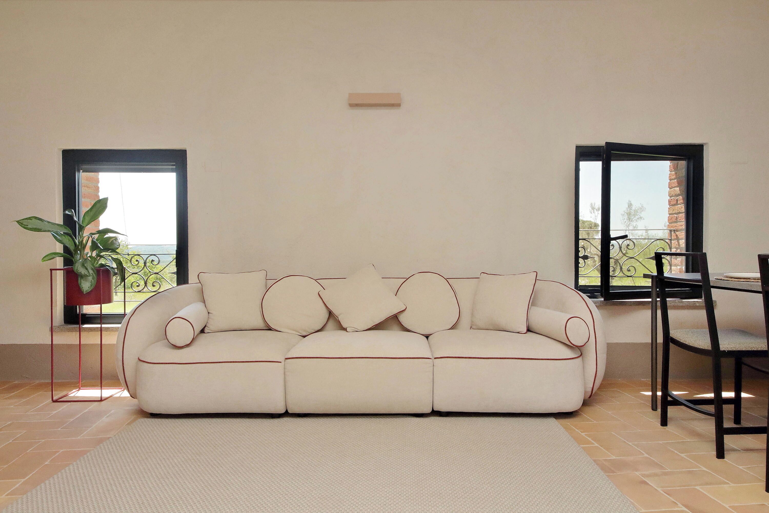 A living room with a sofa, a dining table with chairs, a potted plant, and two windows.