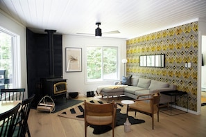 Smart TV, fireplace, books, stereo