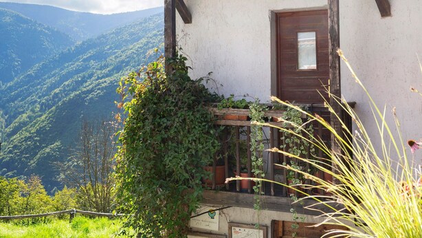 Ein rustikales Gebäude mit Holztür, einer kleinen Veranda mit Blumentöpfen und Blick auf eine Berglandschaft.