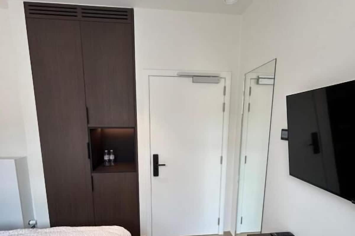 A bedroom with a bed, a wardrobe, a TV, and a mirror.