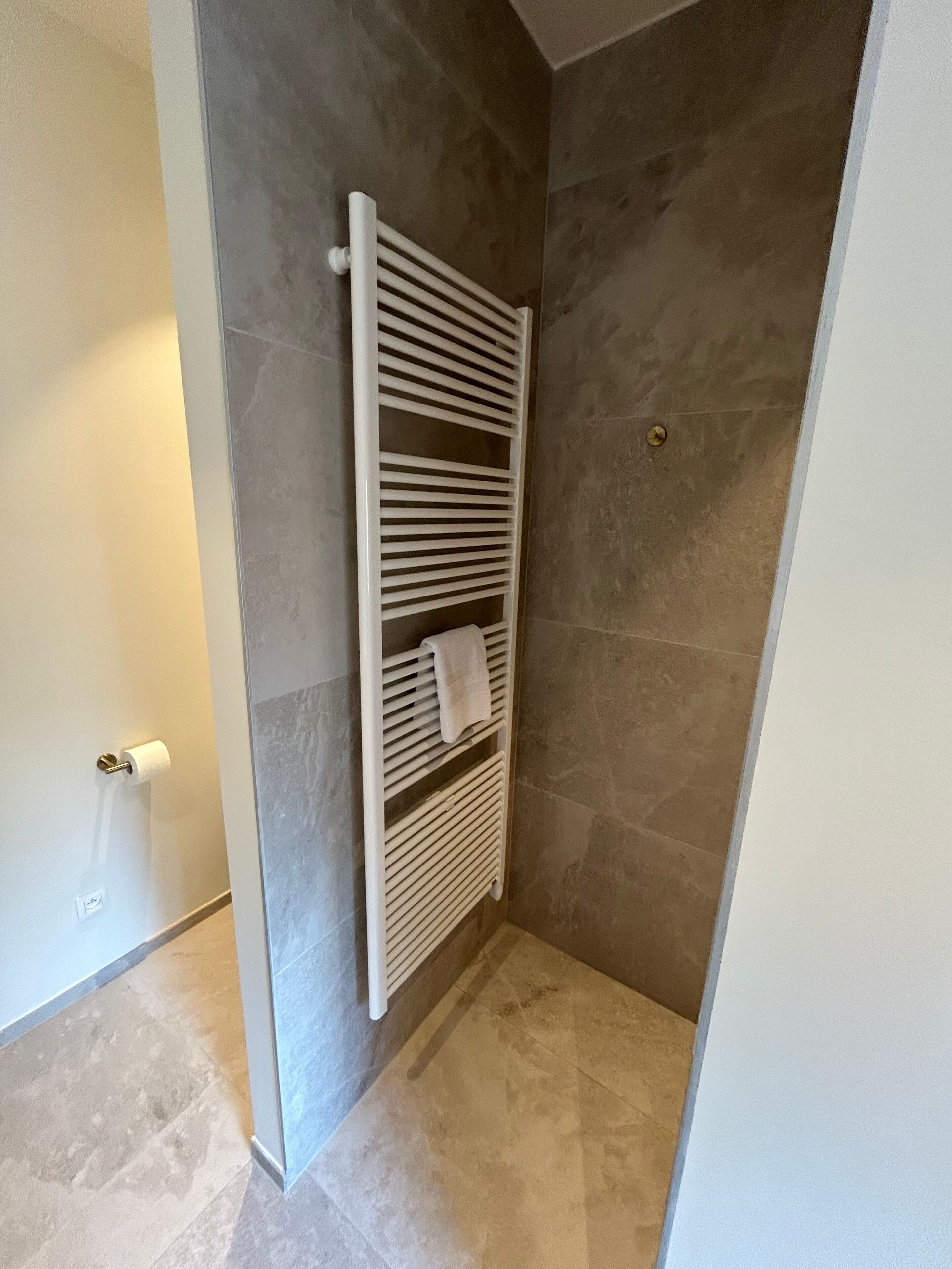 Een badkamer met een witte handdoekhouder, een toiletrolhouder en een douchegedeelte met een betegelde vloer.