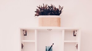 A white desk with a plant, a white bowl, a blue container, and a radio.