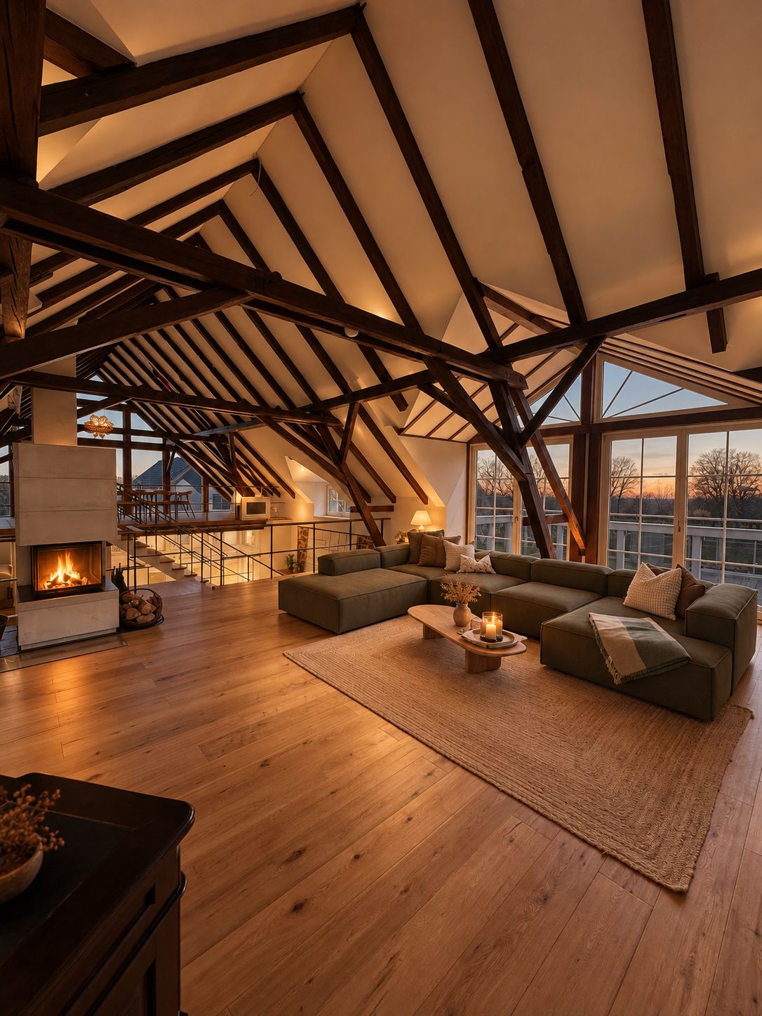 Een ruime loft met zichtbare houten balken, een open haard, een grote hoekbank en uitzicht door de grote ramen.
