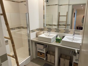 Shower, hair dryer, towels