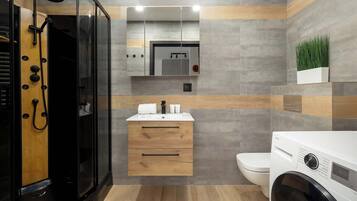 Shower, hair dryer, towels, shampoo