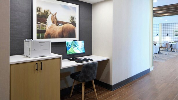 A modern office space with a desk, computer, printer, and a large framed picture of a horse.