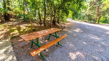 Una mesa de picnic con bancos en una zona sombreada rodeada de árboles.