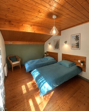 A bedroom with two beds, a wooden ceiling, a hanging light fixture, and wall-mounted lights. - Gîte Puma Sonnay, Isère (Sonnay)