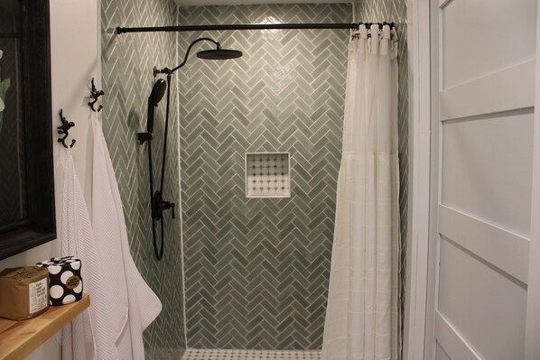 Hair dryer, towels, soap, shampoo