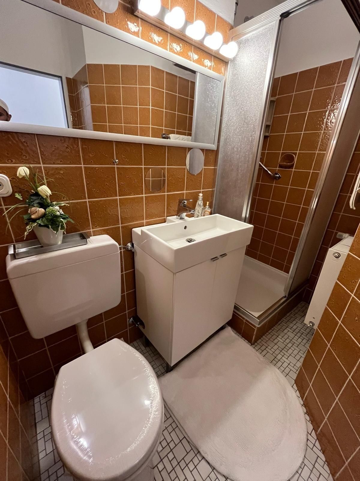 Een badkamer met toilet, wastafel en douche.