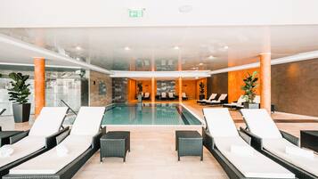 Indoor pool, seasonal outdoor pool, pool umbrellas, sun loungers