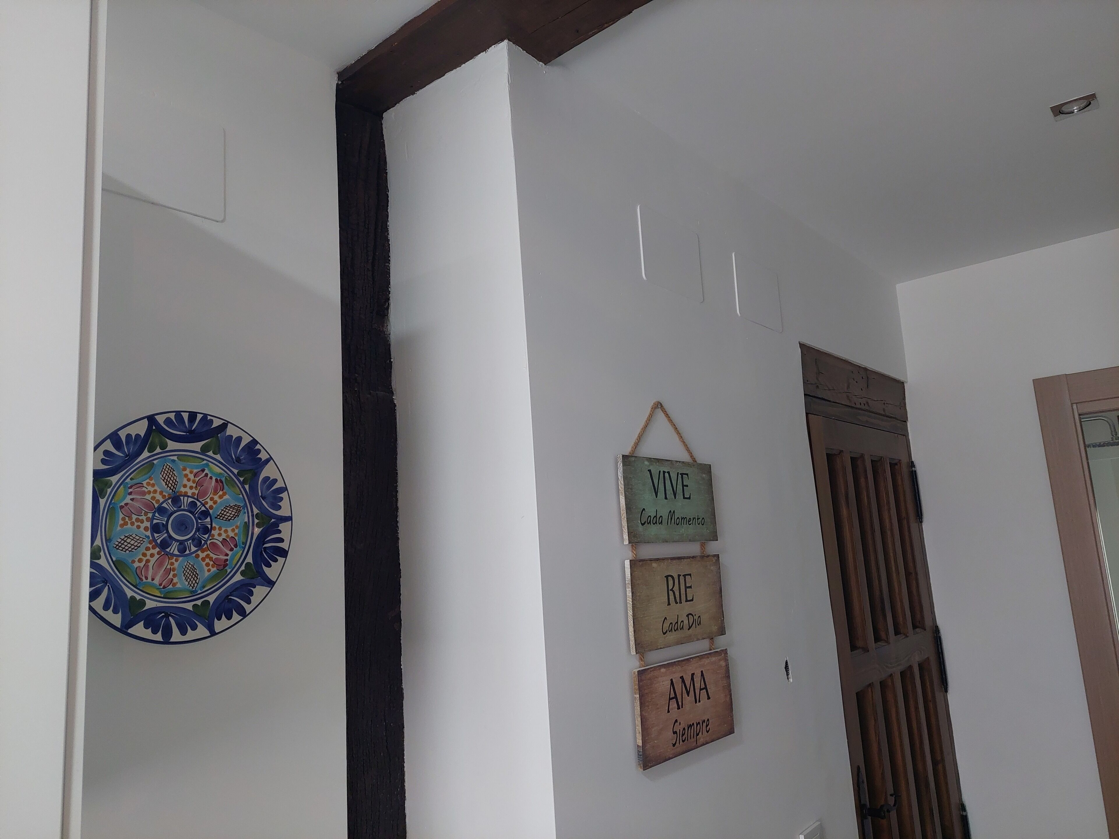Paret amb un plat decoratiu, tres senyeres de fusta amb frases motivacionals i una porta amb reixatge metàl·lic.