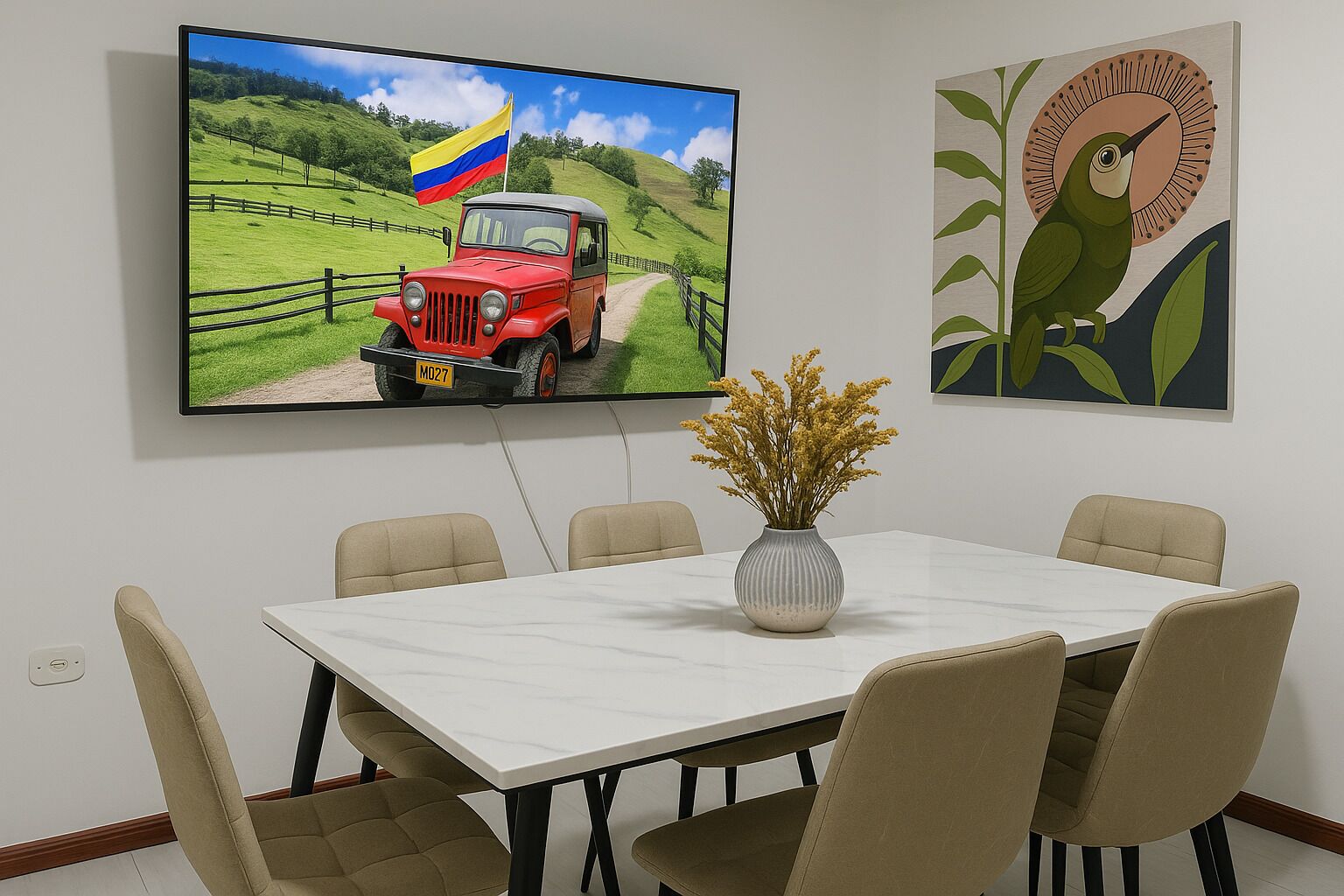 Une salle de conférence avec une table blanche, des chaises beiges, un vase rempli de fleurs jaunes, un téléviseur diffusant une image d’une voiture rouge et un tableau représentant un oiseau.