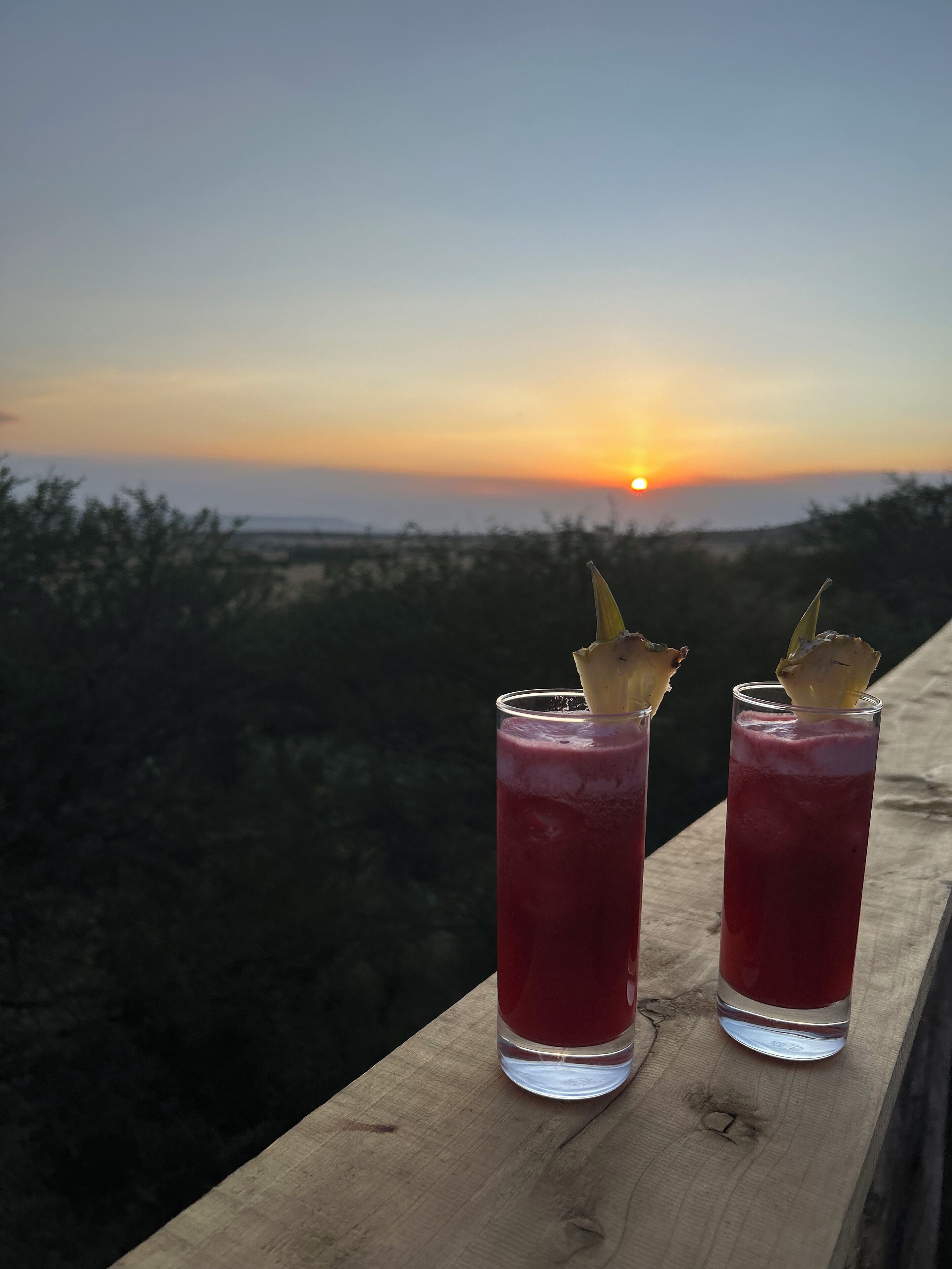 Two tall glasses of red beverage with pineapple garnish on a wooden surface, set against a sunset view.