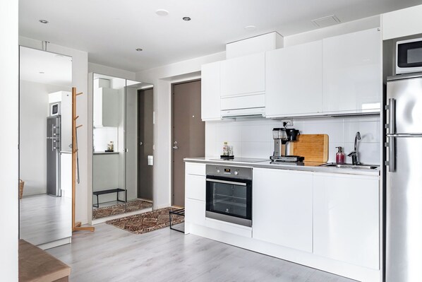 Apartamento superior | Cozinha privada | Cafeteira/chaleira