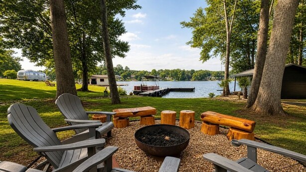 A lakeside deck with Adirondack chairs, a fire pit, and a dock extending into the water.
