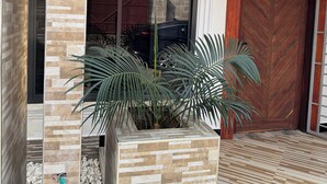 A modern entrance with a large glass door, a wooden door, and a tiled pathway leading to a planter with green foliage. - Fabulous 1- self contained bedroom apartment with AC in Pwani Region (Kibaha)