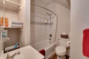Shower, hair dryer, shampoo