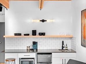 Fridge, microwave, coffee/tea maker, toaster