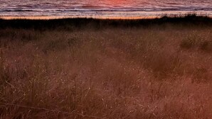 A sunset over the ocean with waves approaching the shore.