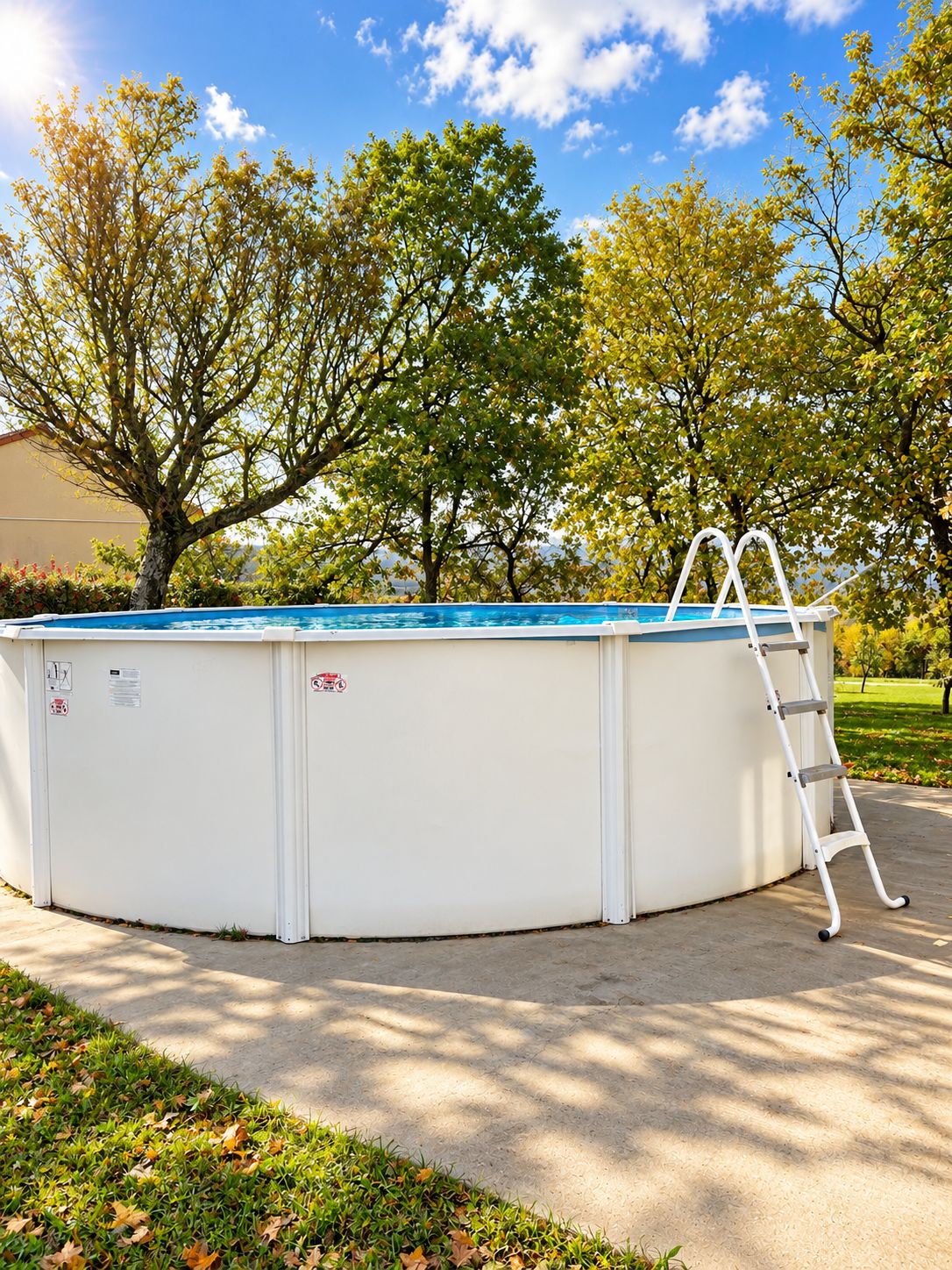 Piscina circular con escalera, rodeada de árboles y un cielo despejado.