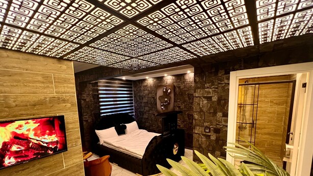 A modern bathroom with a bathtub, a large potted plant, and a stone wall. - Petra Otel (Eskişehir)
