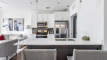 Fridge, dining tables
