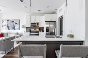 Fridge, dining tables