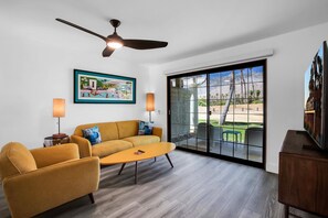 Condo, 1 King Bed, Kitchen, Pool View (Farrell N79) | Living area - Quaint & Serene in Mesquite CC (Palm Springs)