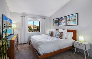 Condo, 1 King Bed, Balcony, Pool View (Plaza Villas 537) | 2 bedrooms, individually decorated, individually furnished, bed sheets - Gated Urban Palm Escape (Palm Springs)