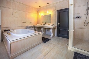 Shower, hair dryer, bidet, towels