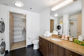 Hair dryer, towels, soap, shampoo