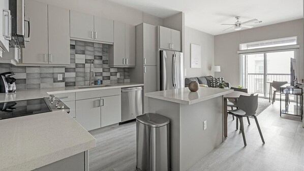 Fridge, dining tables