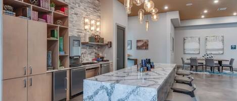 Fridge, dining tables