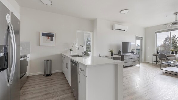 Fridge, dining tables