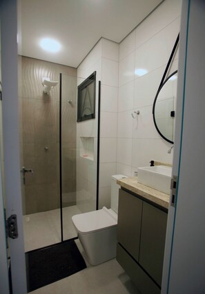 Hair dryer, towels, soap, toilet paper