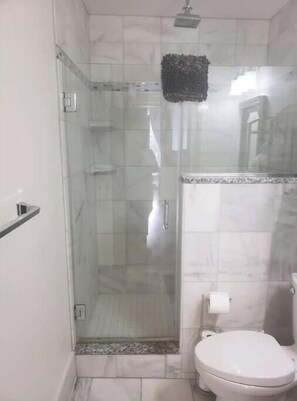 Hair dryer, towels, soap, toilet paper