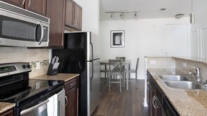 Fridge, dining tables