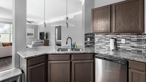 A modern kitchen with dark wood cabinets, a stainless steel dishwasher, and a tiled backsplash. - Landing | Stunning 1BD, Gym, Pool (Haltom City)