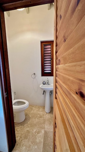 Hair dryer, towels, soap, toilet paper
