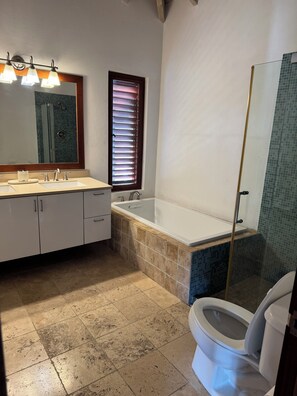 Hair dryer, towels, soap, toilet paper