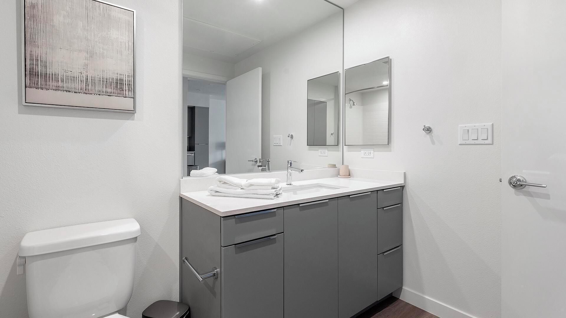 Un baño moderno con inodoro, lavamanos con espejo y muebles grises.