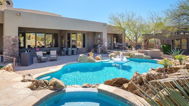A modern outdoor pool area with a hot tub, seating, and a barbecue grill. - Desert Mountain Majesty - Private Spa&guest Casita (Cave Creek)