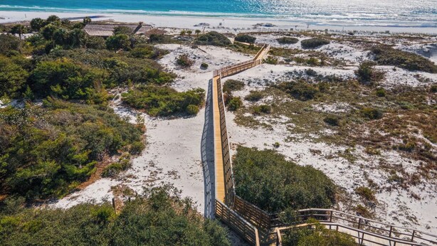 A coastal pathway leading to a beach, surrounded by vegetation and a clear view of the ocean. - 🦩Book Me Baby! Grayt Escape Private Home at The Preserve🦩 (Santa Rosa Beach)