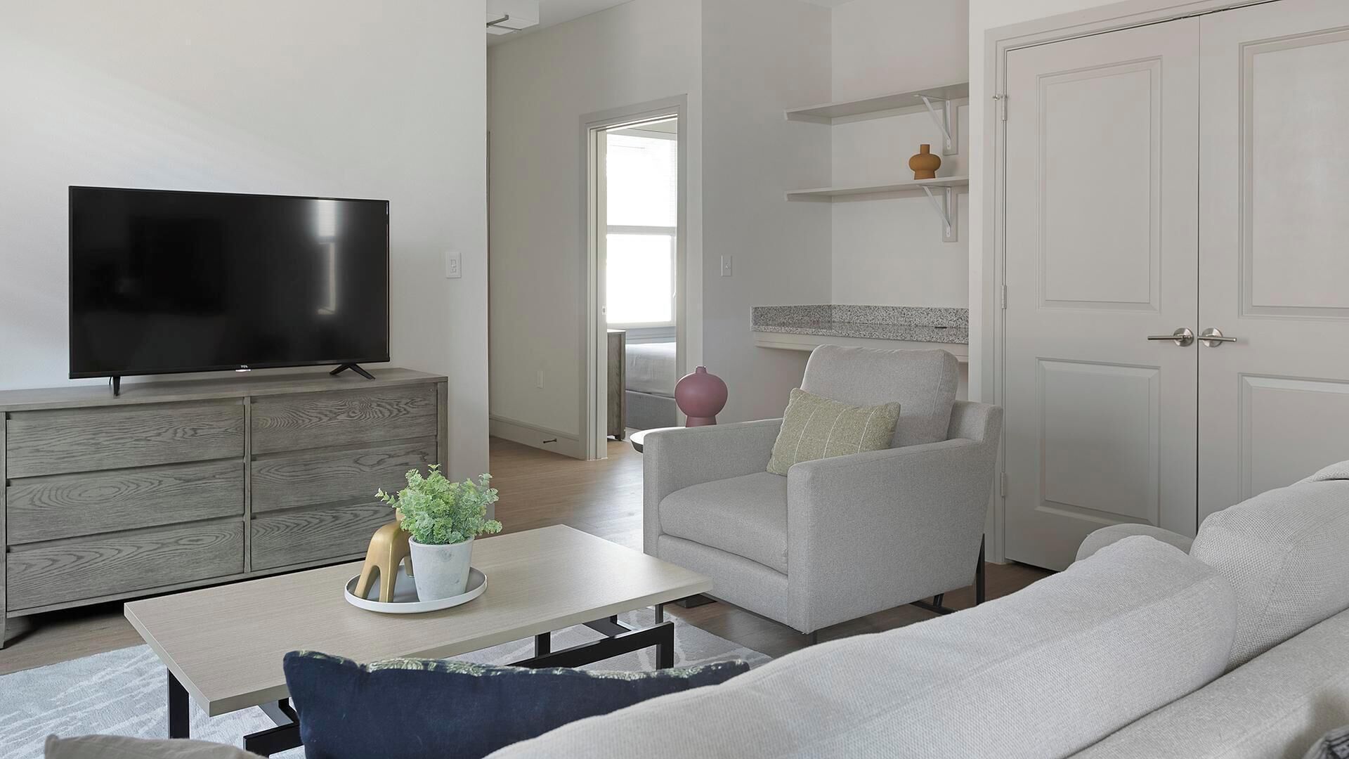 A modern living room with a flat-screen TV on a wooden cabinet, a grey sofa, a coffee table with a plant, and a door leading to another room.