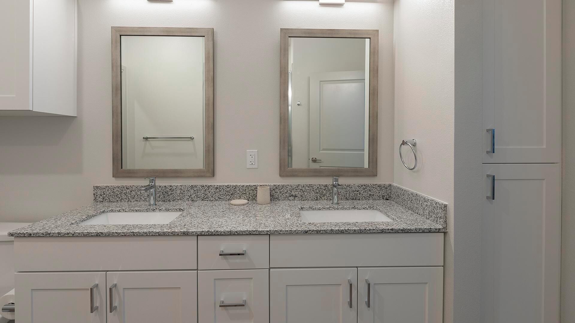 A bathroom with two sinks, a mirror, and a towel rack.