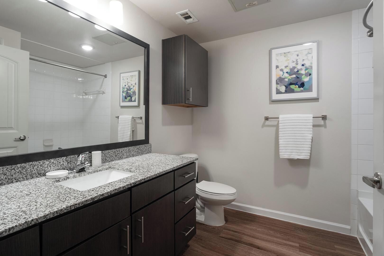 A modern bathroom with a granite countertop sink, dark cabinetry, a white toilet, and a framed abstract painting on the wall.