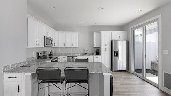 Fridge, dining tables